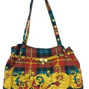 Stylish Gianni Versace  Plaid Tote Bag with Gold Accents